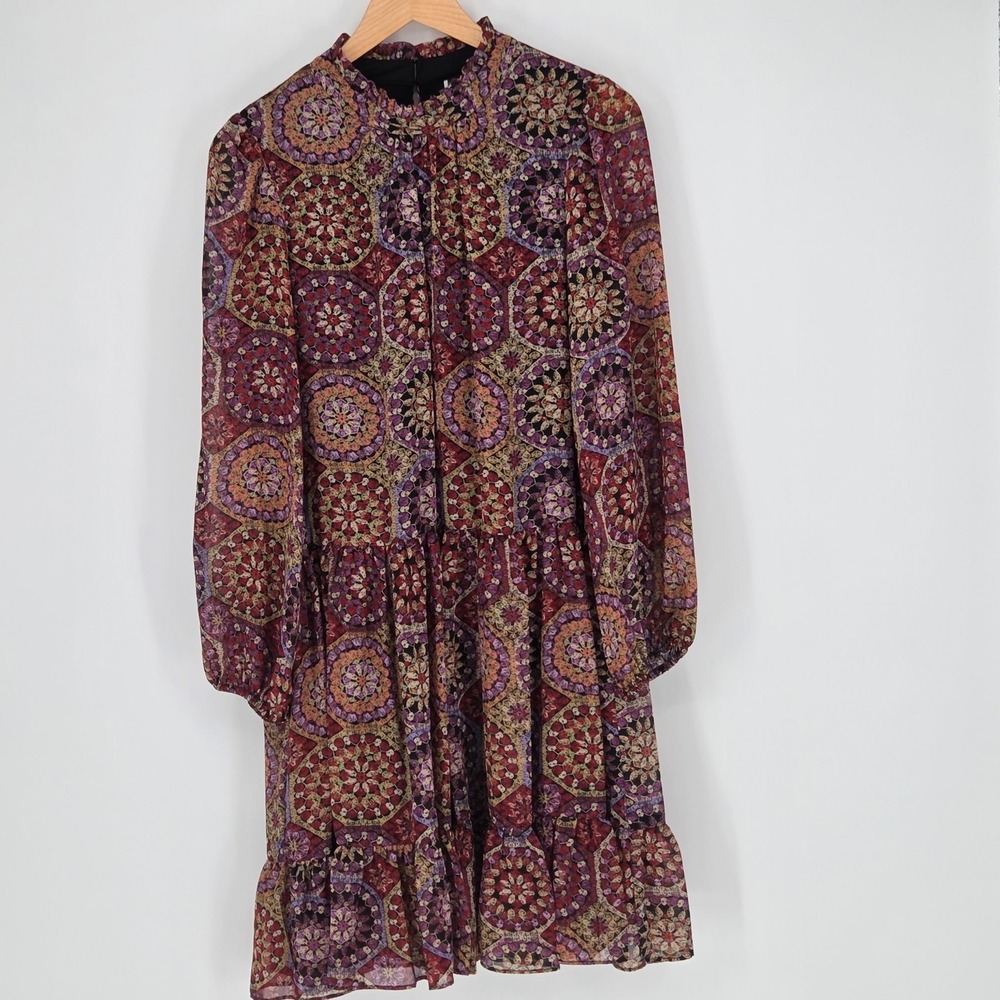 Julian Taylor New York Boho Medallion Print Mock Neck Ruffle Mini Dress Burgundy